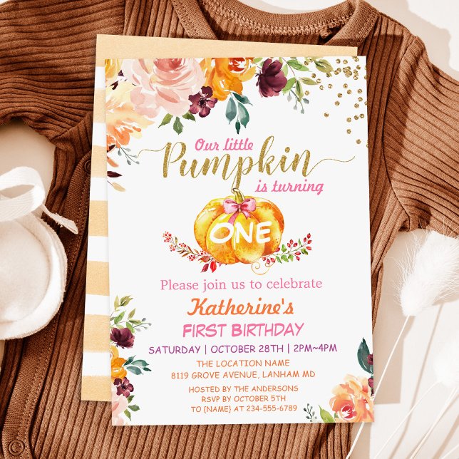 Autumn Pumpkin Floral Girl Baby Birthday Party Invitation (Creator Uploaded)