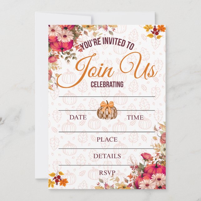 Autumn Pumpkin Floral Invitation (Front)