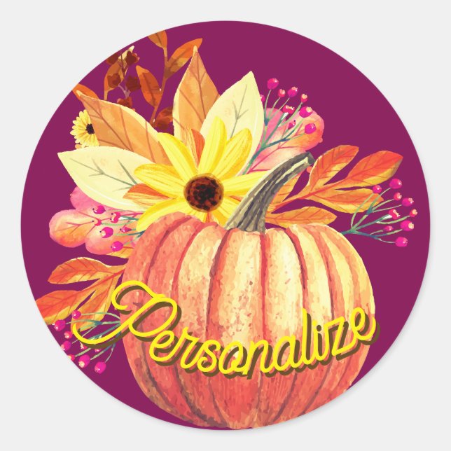 Autumn pumpkin floral orange purple wine classic round sticker (Front)