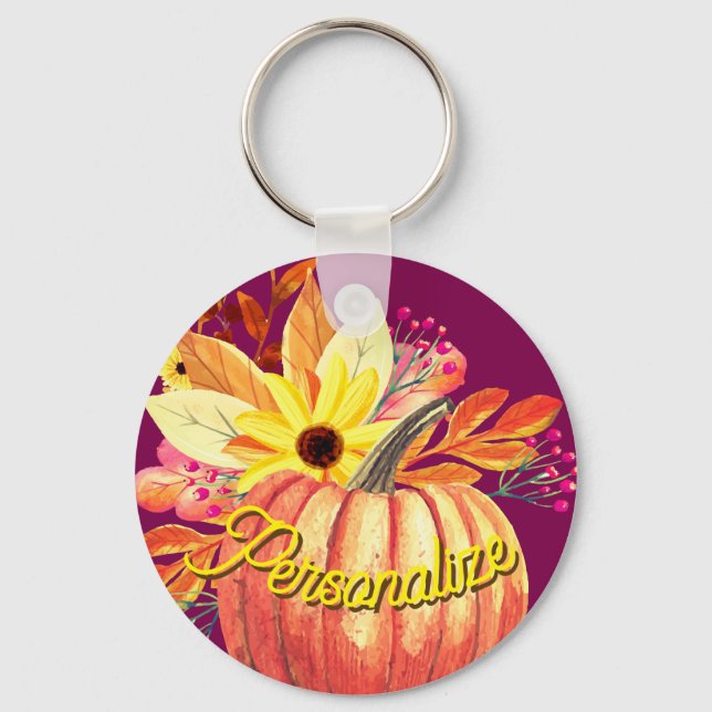 Autumn pumpkin floral orange purple wine key ring (Front)