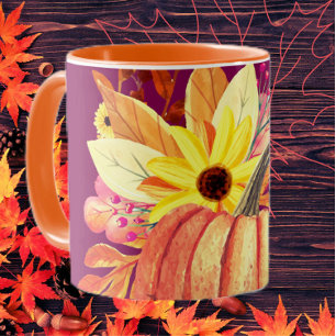 Autumn pumpkin floral orange purple wine mug