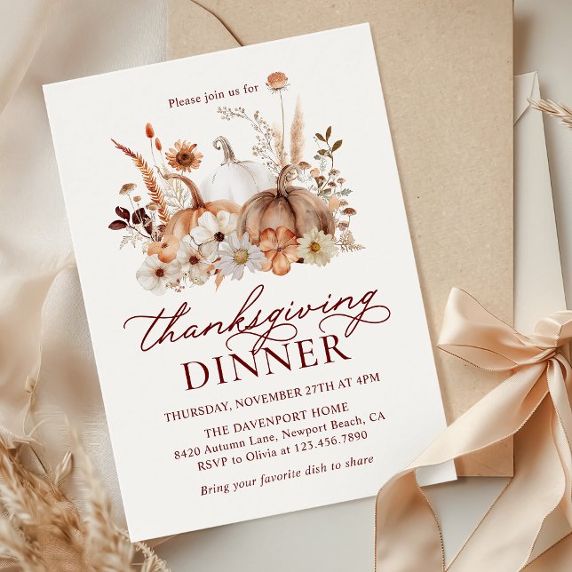 Autumn Pumpkin Floral Rustic Thanksgiving Dinner Invitation (Creator Uploaded)