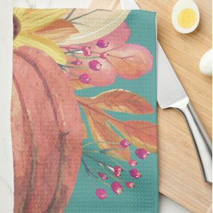 Autumn pumpkin floral terracotta orange teal tea towel