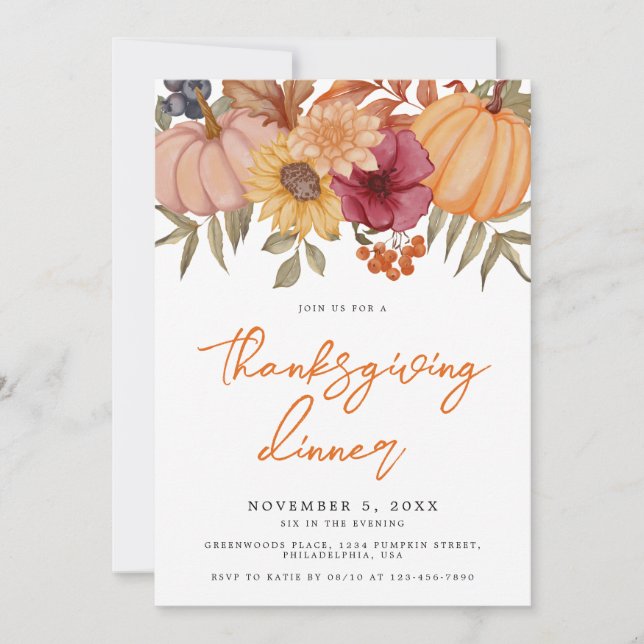 Autumn Pumpkin Floral Thanksgiving Dinner Invitation (Front)