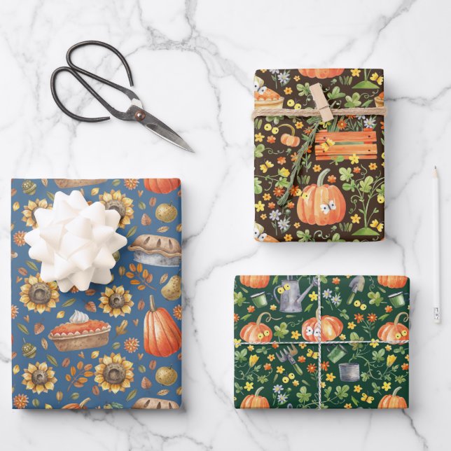 Autumn Pumpkin Garden Floral Wrapping Paper Sheet (Front)