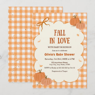 Autumn Pumpkin Gingham Fall in Love Baby Shower Invitation