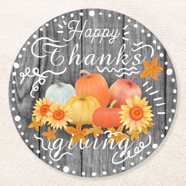 Autumn Pumpkin Grey Pine Round Paper Coaster (Front)