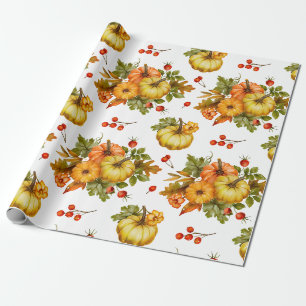 Autumn Pumpkin Harvest, Red Berries and Leaves Wrapping Paper