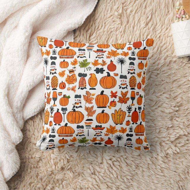Autumn Pumpkin & Leaf Pattern | Cosy Fall Cushion (Blanket)