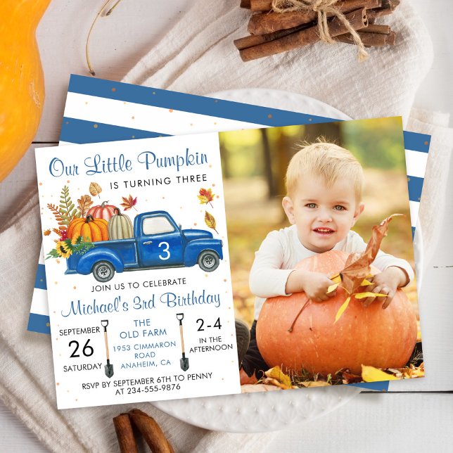 Autumn Pumpkin Leaves Blue Truck Birthday Photo Invitation (Creator Uploaded)