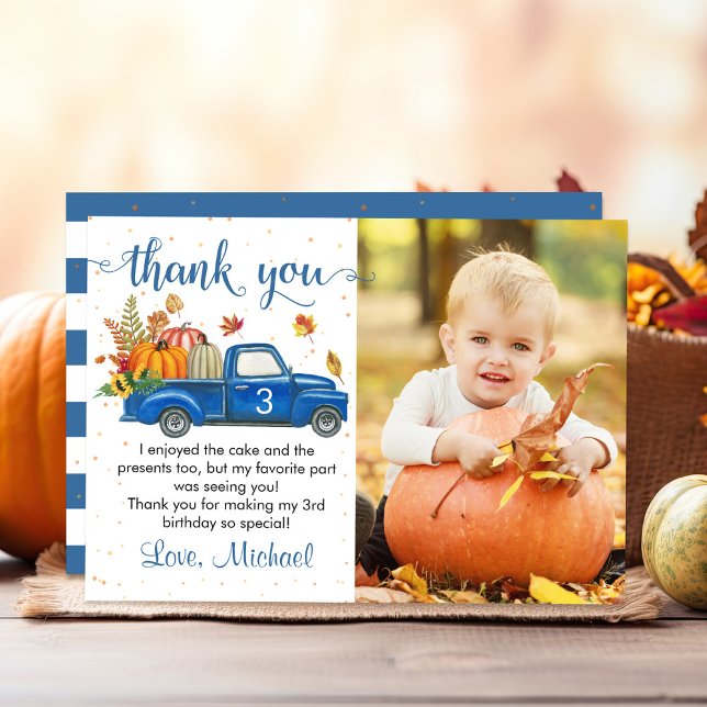 Autumn Pumpkin Leaves Blue Truck Birthday Photo Thank You Card (Creator Uploaded)