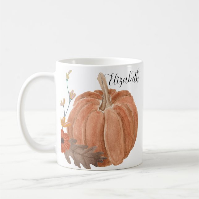 Autumn Pumpkin Leaves Floral Personalised Name S Coffee Mug (Left)