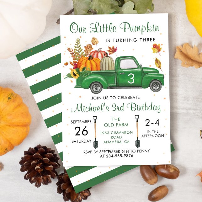 Autumn Pumpkin Leaves Green Truck Fall Birthday In Invitation (Creator Uploaded)