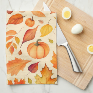 Autumn Pumpkin Leaves Watercolor Tea Towel