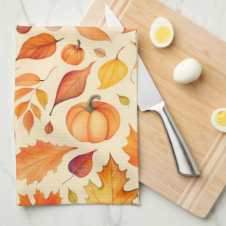 Autumn Pumpkin Leaves Watercolor Tea Towel