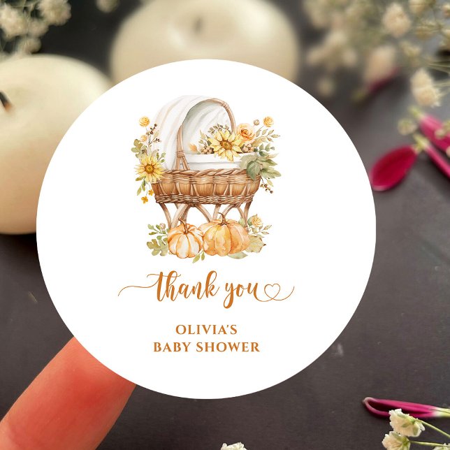 Autumn Pumpkin Neutral Baby Shower Thank You Classic Round Sticker (Creator Uploaded)