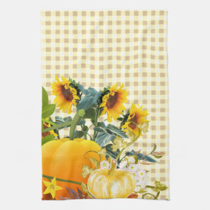 Autumn Pumpkin on Gingham   Tea Towel