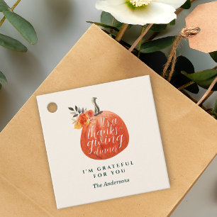 Autumn Pumpkin Orange Floral Thanksgiving Dinner Favour Tags