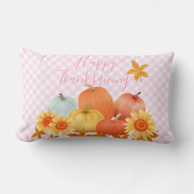 Autumn Pumpkin Pink Gingham Lumbar Cushion (Front)