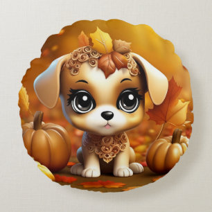 Autumn Pumpkin Puppy Round Cushion
