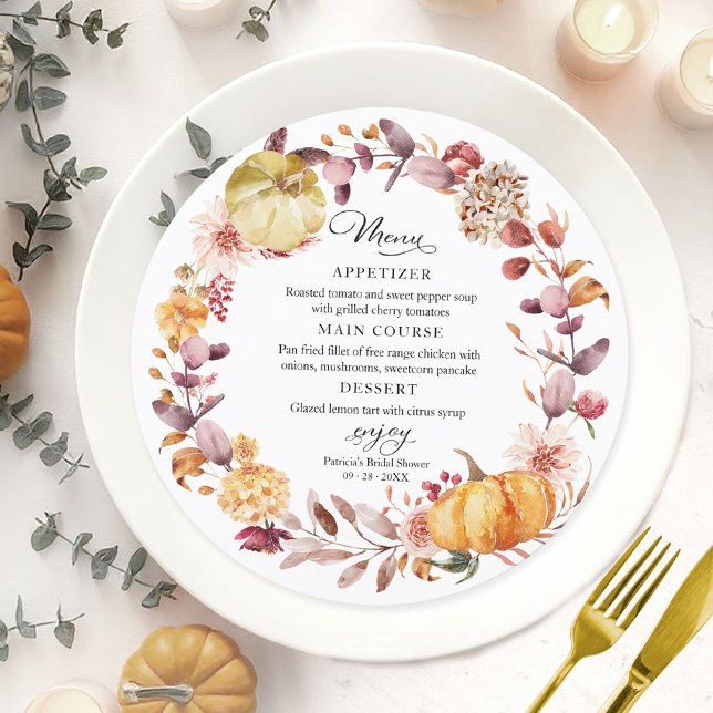 Autumn Pumpkin Round Bridal Shower Menu Card (Creator Uploaded)