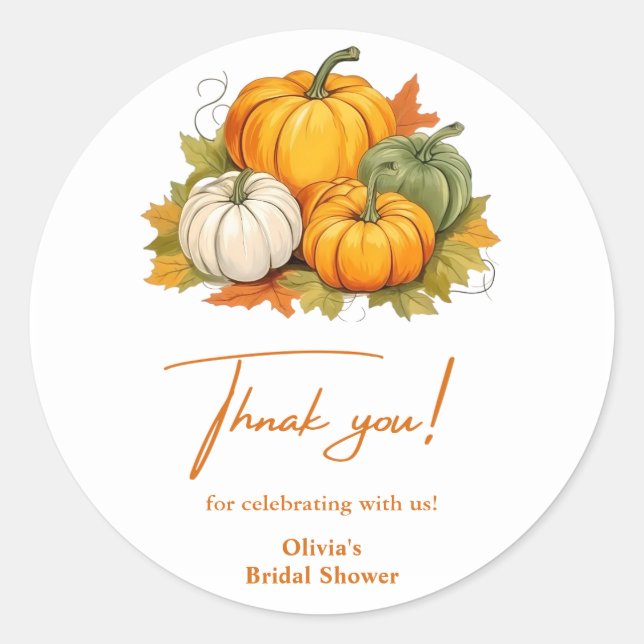 Autumn Pumpkin Rustic Thank You Bridal Shower  Classic Round Sticker (Front)