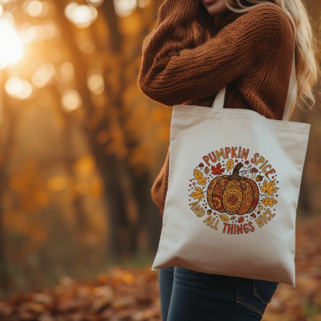 Autumn pumpkin spice design tote bag (adorned with extraordinarily intricate mandala-inspired patterns in vibrant shades of orange )