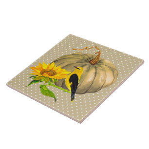 Autumn Pumpkin Sunflower and Finch  Tile