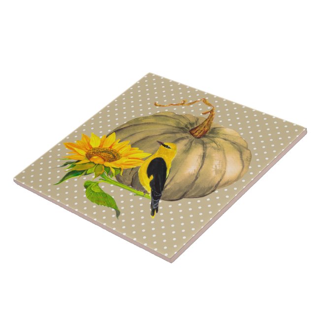 Autumn Pumpkin Sunflower and Finch  Tile (Side)