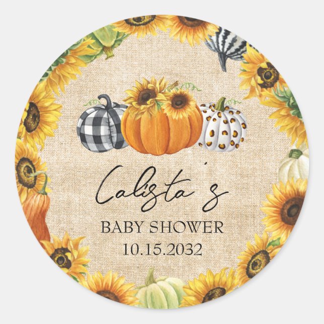 Autumn Pumpkin Sunflower Burlap Baby Shower Favour Classic Round Sticker (Front)