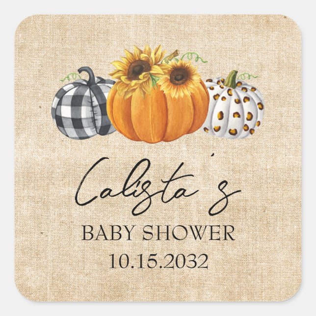 Autumn Pumpkin Sunflower Burlap Baby Shower Favour Square Sticker (Front)