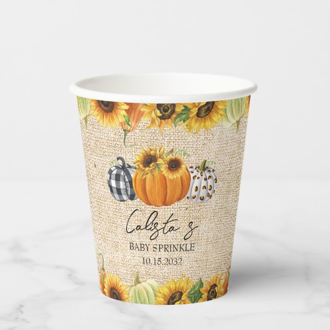 Autumn Pumpkin Sunflower Burlap Baby Sprinkle Paper Cups (Front)