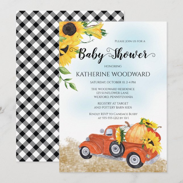 Autumn Pumpkin Truck | Sunflowers Baby Shower Invitation (Front/Back)