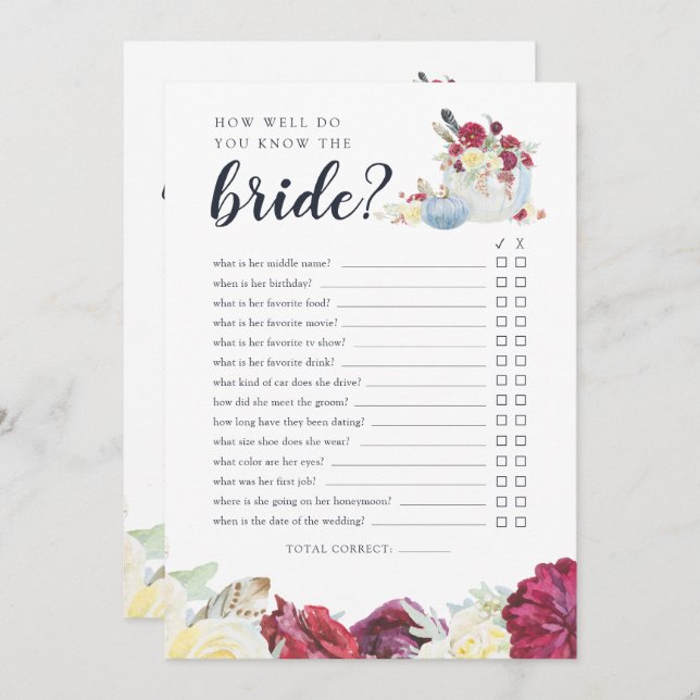 Autumn Pumpkin Two-Sided Bridal Shower Game Card (Front/Back)