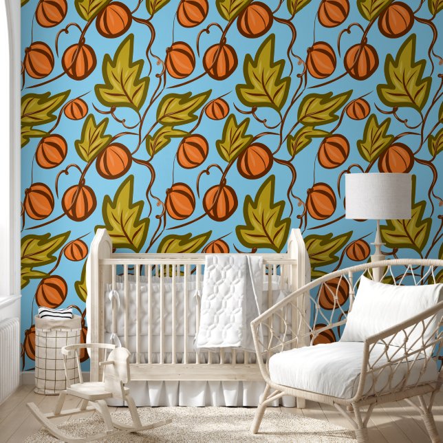 Autumn Pumpkin Vines Hand Drawn Design Wallpaper (Kids)