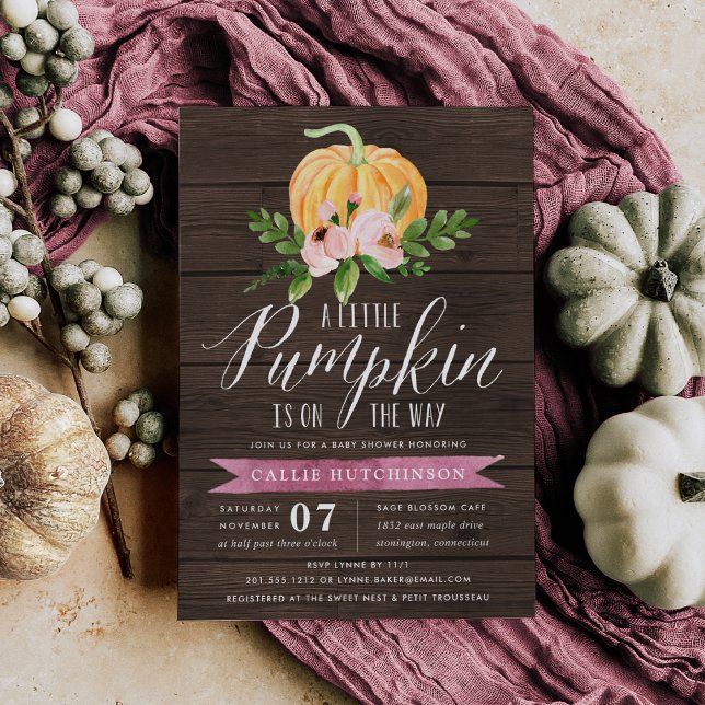 Autumn Pumpkin Wood & Pink Floral Baby Shower Invitation (Creator Uploaded)