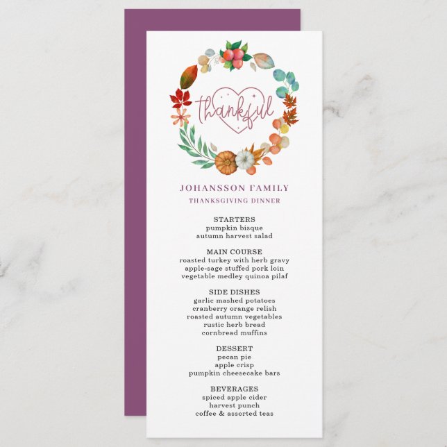 AUTUMN PUMPKIN WREATH THANKSGIVING DINNER MENU (Front/Back)