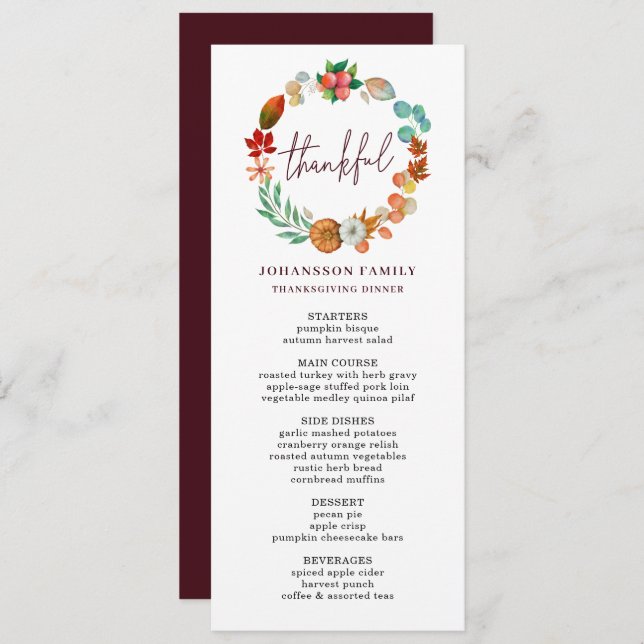 AUTUMN PUMPKIN WREATH THANKSGIVING DINNER  MENU (Front/Back)