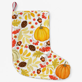 Autumn pumpkins, acorns, vintage background. small christmas stocking