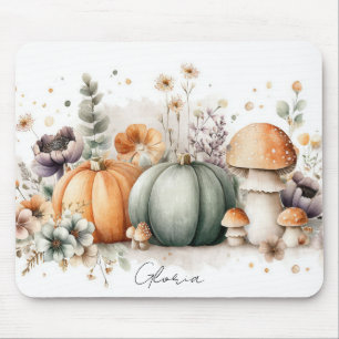Autumn Pumpkins and Flowers Fall Pattern Mouse Pad