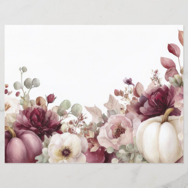 Autumn Pumpkins and Flowers Fall Scapbook Paper (Front)