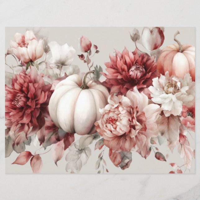 Autumn Pumpkins and Flowers Fall Scapbook Paper (Front)