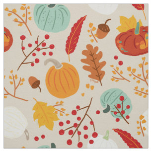 Autumn Pumpkins and Leaves Pattern Fabric