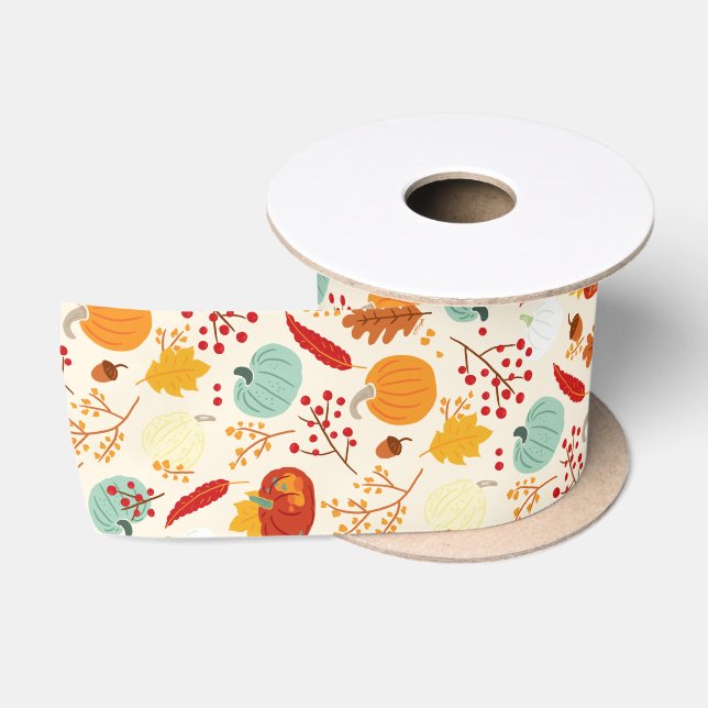 Autumn Pumpkins and Leaves Pattern Satin Ribbon (Spool)