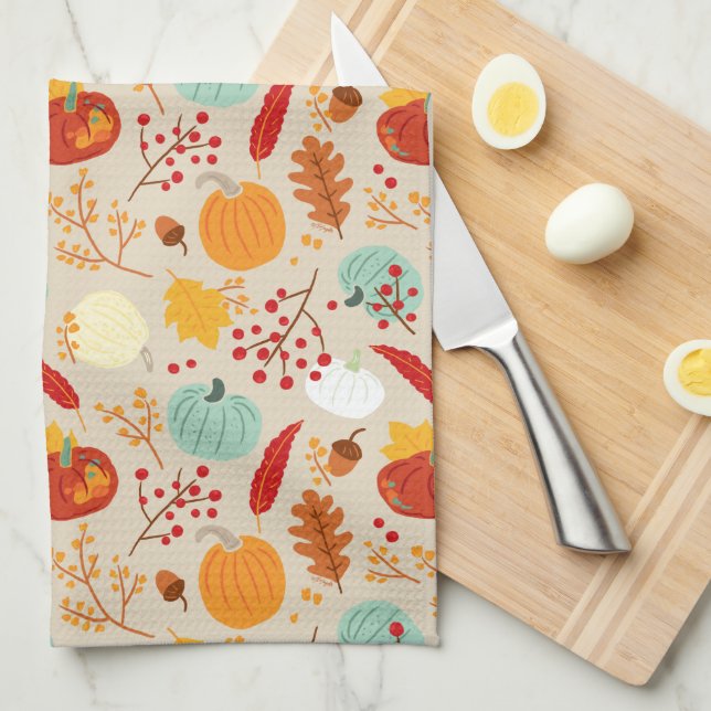 Autumn Pumpkins and Leaves Pattern Tea Towel (Quarter Fold)