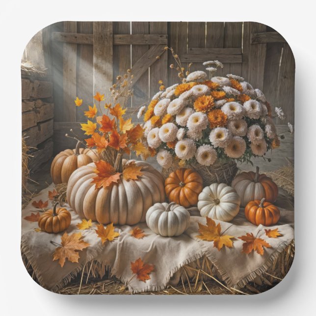 Autumn Pumpkins and Mums In a Barn Paper Plate (Front)