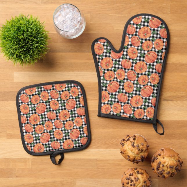 Autumn Pumpkins Black and White Gingham Fall Oven Mitt & Pot Holder Set (Top Down)
