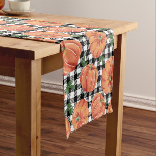 Autumn Pumpkins Black and White Gingham Fall Short Table Runner
