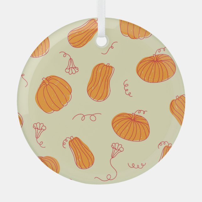Autumn Pumpkins: Doodle Orange Pattern. Glass Tree Decoration (Front)