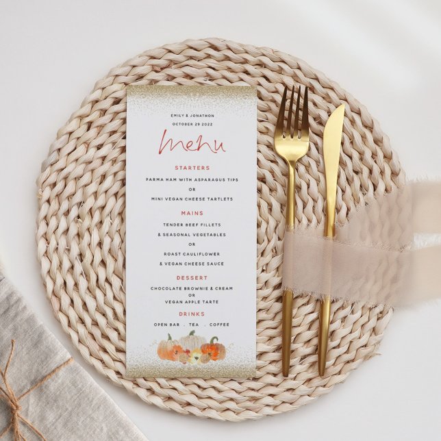 Autumn Pumpkins Florals Gold Glitter Wedding Menu (Creator Uploaded)